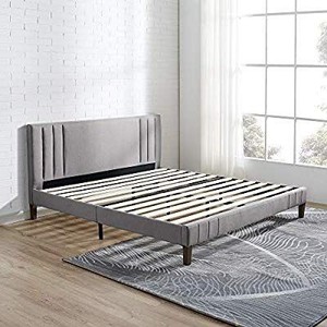 lot 23663 image: Classic Brands DeCoro Chicago Channel Tufted Upholstered Platform Bed  Headboard and Wood Frame with Wood Slat Support, King, Peyton Slate