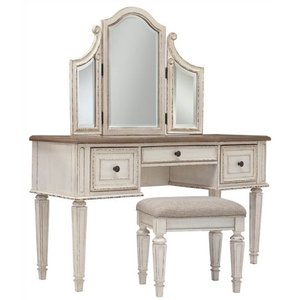 lot 23683 image: Signature Design by Ashley Vanity and Mirror with Stool, Chipped White