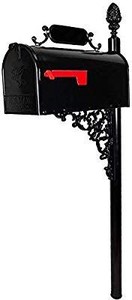 lot 23705 image: ADDRESSES OF DISTINCTION Oak Mailbox & Post Kit �� Black Mailbox System �� Includes Address Plaque, Bracket & Mounting Hardware �� Rust Resistant Metal Mailbox with Pineapple Finial