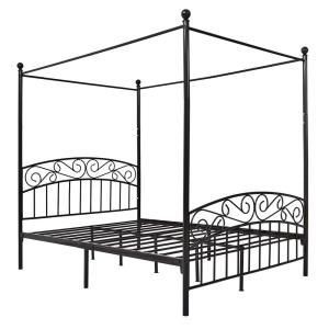 lot 23707 image: Black Queen Size Metal Canopy Platform Bed Frame with Headboard and Footboard