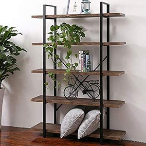 lot 23718 image: SUPERJARE 5-Shelf Industrial Bookshelf, Open Etagere Bookcase with Metal Frame, Rustic Book Shelf, Storage Display Shelves, Wood Grain - Vintage Brown