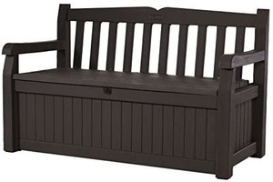 lot 25001 image: Keter Eden 70 Gal All Weather Outdoor Patio Storage Bench Deck Box , BeigeBrown