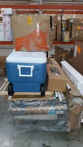 lot 25055 image: Assorted Damaged Items Pallet, Cooler, Curtain Roda, Baby Gate, etc.
