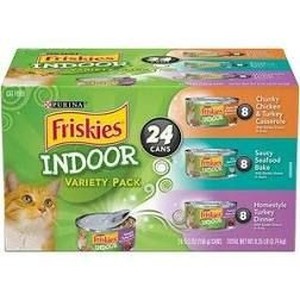 lot 27297 image: (120) Cans of Assorted Friskies Indoor Cat Food, Saucy Seafood Bake, Homestyle Turkey Dinner, Chicken & Turkey Casserole, Some May Be Dented