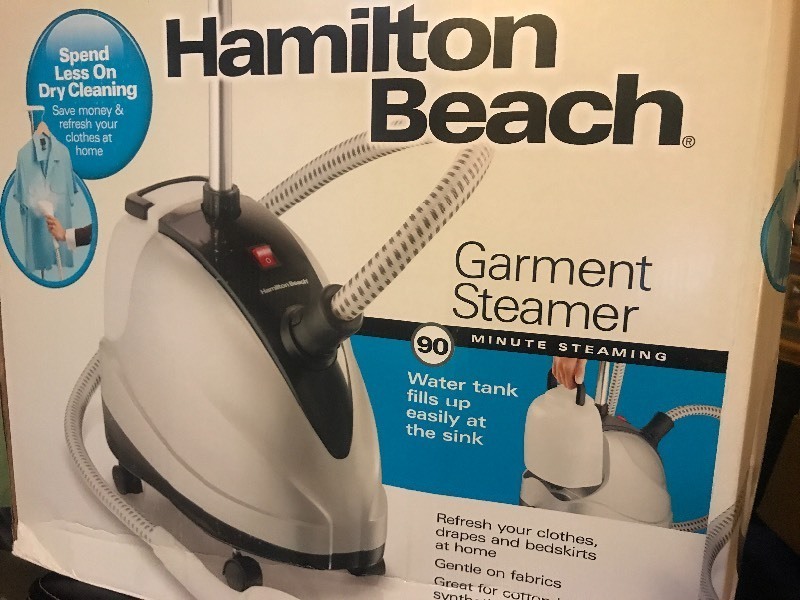 lot 1020 image: New in box box never opened Hamilton Beach garment steamer easy way to get wrinkles out of clothes just like The pros
