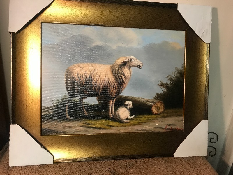 lot 162 image: Very nice framed oil on canvas lamb picture matches the next three lots