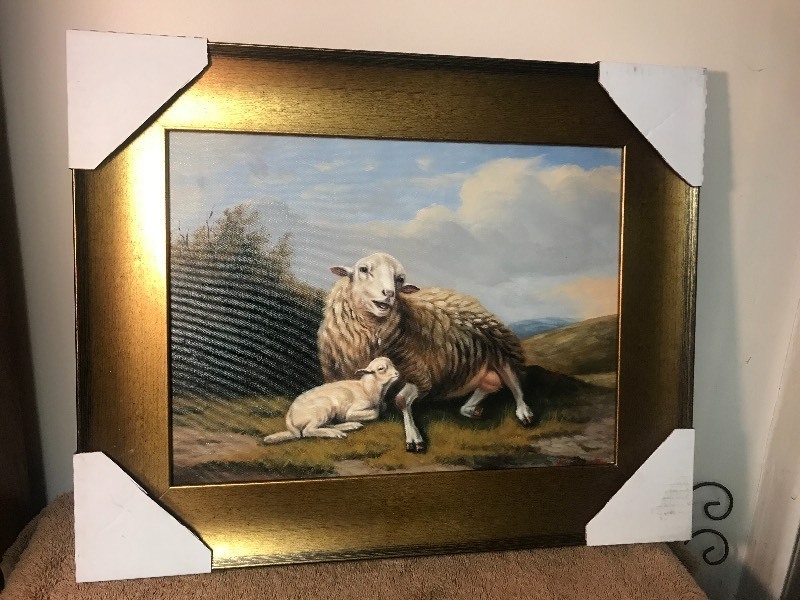 lot 164 image: Last sheep lamb picture by log oil on canvas framed 16 x 14