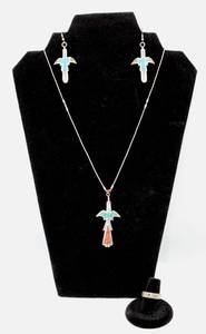 lot 14 image: Signed Silver with Crushed Turquoise and Coral Inlay Peyote Bird Pendant, Earrings and Ring