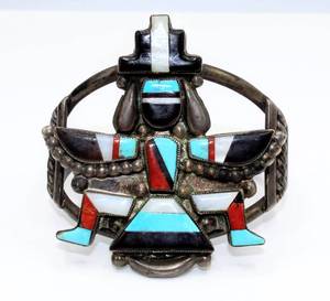 lot 3 image: Signed Zuni Silver with Multi-Colored Stone Inlay Knifewing Kachina Cuff Bracelet