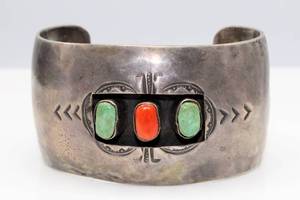 lot 5 image: Silver Cuff Bracelet with Turquoise and Coral