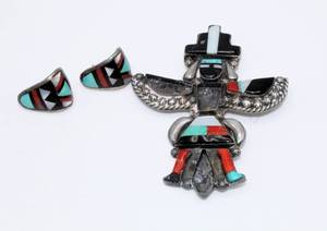 lot 20 image: Silver with Multi-Color Stone Inlay Knifewing Brooch Pin and Earrings