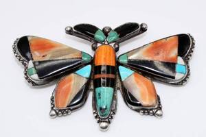 lot 4 image: Zuni Silver and Multi-Colored Stone Inlay Butterfly Brooch Pin