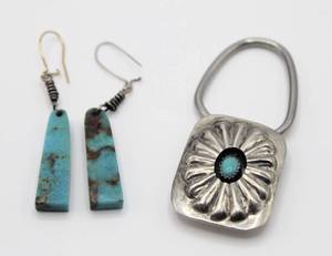 lot 21 image: Silver and Turquoise Earrings and Key Fob