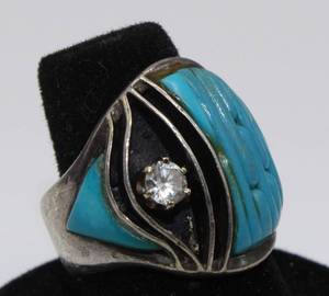 lot 23 image: Signed Silver Turquoise and Diamond Mens Ring