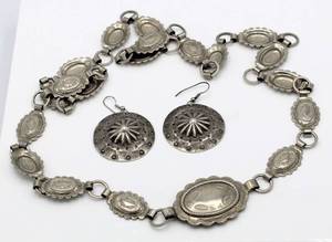 lot 22 image: Linked Concho Belt and Sterling Silver Cherokee Hastings Concho Earrings