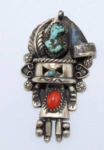lot 18 image: Sterling Silver Turquoise and Coral Kachina Doll Brooch Pin