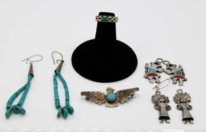 lot 33 image: Silver & Turquoise - Earrings, Sterling Brooch Pin, Sterling Toe Ring