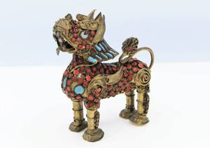 lot 38 image: Chinese Dragon Brass Censer - Turquoise and Coral