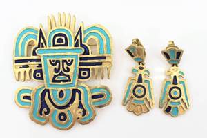lot 47 image: Trifari Tribal Brooch and Earrings