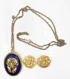 lot 63 image: Max Factor Creme Perfume Pendant Locket on Chain and B.S.K. Gold Clip On Earrings