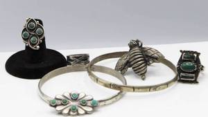lot 64 image: Silver Jewelry Lot - 4 Rings, 2 Bracelets and 1 Brooch Pin - Some are signedmarked Mexico Taxco