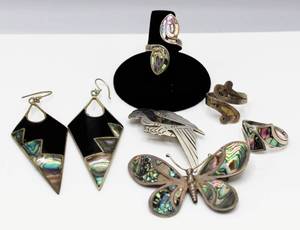 lot 65 image: .925 Sterling Silver and Abalone Jewelry - 3 Rings, 2 Brooches Pins, 1 pair Earrings - Taxco