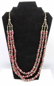 lot 93 image: AntiqueVintage 3 Strand Necklace with Silver Metal, Red & Green Beads