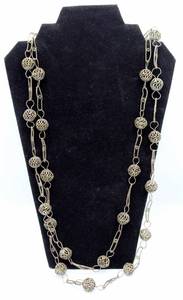 lot 96 image: Vintage Silver Filigree Ball Chain Necklace - Very Long