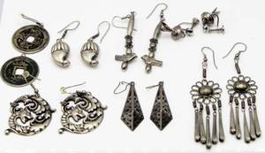lot 113 image: 7 Pairs of Silver Earrings - Dragons, Flowers, Birds, Chinese Coins and more