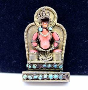 lot 120 image: Brass, Turquoise & Coral Figure Sitting on a Throne - SignedMarked