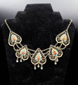 lot 122 image: Gold Filigree with Turquoise and Coral Festoon Necklace