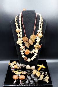 lot 137 image: Wood Jewelry Lot - 3 necklaces, 1 bracelet, 5 pair of earrings and wood cross