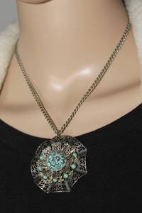 lot 2593 image: Vintage Silver and Turquoise Colored Stone Medallion Necklace