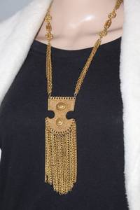 lot 2598 image: Vintage Golden Metal 11 Chain Tassel Necklace and 2 Pairs of Hoop Earrings