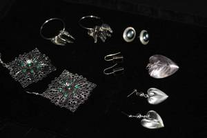 lot 2599 image: Silver Toned 4 pair Earrings and Pendant - Elephant hoop earrings, heart earrings with matching pendant ...