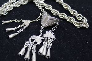 lot 2586 image: Long Silver Chain Necklace with Amulet and Earrings