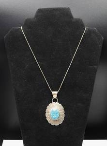 lot 27 image: Signed HT Sterling Silver and Turquoise Concho Necklace with Sterling Silver Chain