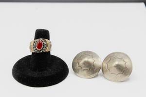 lot 71 image: Sterling Domed Earrings and Silver Ring with Red Stone