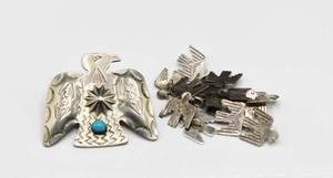 lot 26 image: Silver and Turquoise Eagle Brooch Pin and (14) Silver Eagle Charms