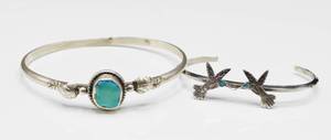 lot 16 image: Silver and Turquoise Signed EC Bangle Bracelet and Hummingbirds Cuff Bracelet