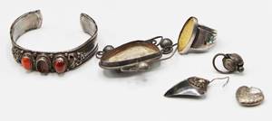 lot 159 image: Broken Sterling Silver and Silver Jewelry Lot - Cuff Bracelet with stones, Turquoise Inlay Ring, Brooch, Earrings...