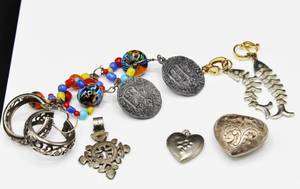 lot 160 image: Lot of Jewelry - Coptic Cross Pendant, Earrings with Glass Beads, Hoop Earrings, Locket, Heart Pendant and Dangle Fish Earrings