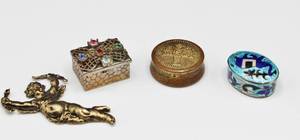 lot 100 image: 3 Vintage Mini Trinket Pill Boxes (1 box is .925 Sterling Silver) and a Brass Cupid