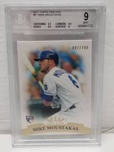 lot 1274 image: 2011 Topps Tier One Mike Moustakas Rookie Card 799 Graded Beckett BGS 9 Mint