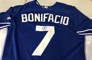 lot 1013 image: Signed Jorge Bonifacio Game Used Spring Training Kansas City Royals Jersey With James Spence Authentication for Signature & MLB Hologram for Game Used Jersey - Duel HologramCertification
