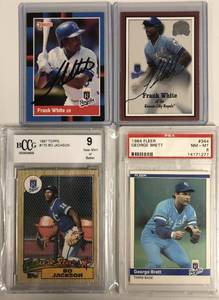 lot 1070 image: Lot of Four Kansas City Royals Baseball Cards - Graded Bo Jackson Rookie & George Brett - Two Signed Frank White Baseball Cards
