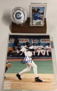 lot 1071 image: Ken Griffey Jr Signed 8x10 Photgraph & Mariners Baseball & Baseball Card Display with Mariners Baseball & 1989 Bowman Rookie Card