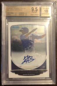 lot 1038 image: Profesionally Graded Gem Mint BGS 9.5 2013 Bowman Chrome Jorge Bonifacio Rookie Autograph with Perfect 10 Pristine Autograph