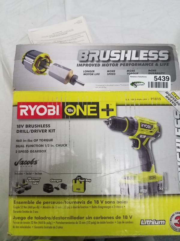 Charger and Bag 2 Ryobi P1815 18-Volt ONE+ Lithium-Ion Cordless Brushless 1//2 in 2.0 Ah Batteries Drill//Driver with