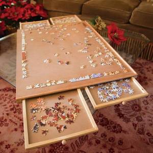 lot 13621 image: Bits and Pieces - Jumbo Size Wooden Puzzle Plateau-Smooth Fiberboard Work Surface - Four Sliding Drawers Complete This Puzzle Storage System